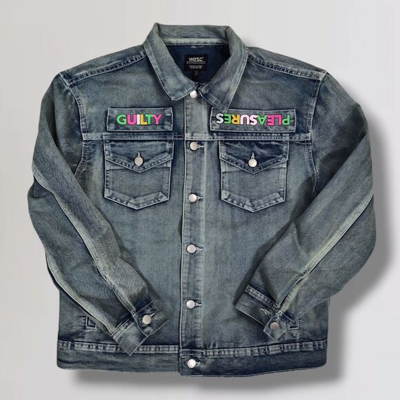 WESC Guilty Pleasures Trucker Jacket Mens S Womens M Oversized Denim Graphic - Picture 1 of 14